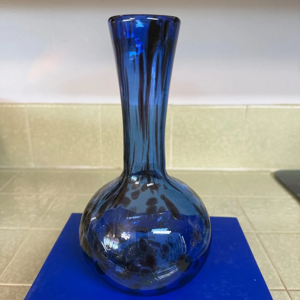 Cobalt Blue Hand Blown Art Glass Bud Vase Spotted Leopard Pattern MCM Style 8